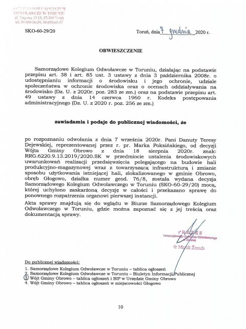 Obwieszczenie Samorządowego Kolegium Odwoławczego w Toruniu