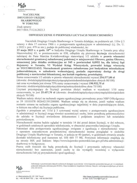 Obwieszczenie Drugiego Urzędu Skarbowego w Toruniu o pierwszej licytacji - strona 1